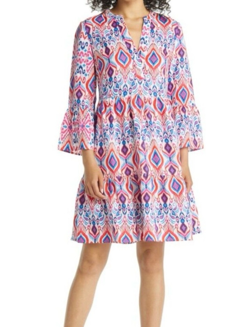 Boden Red , Pink and Blue Ikat Printed V-Neck 100% Linen Dress with 3/4 Sleeves